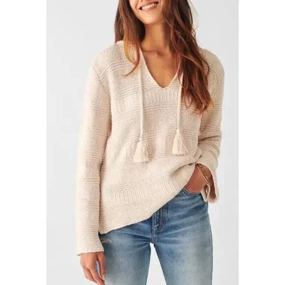 Faherty Poppy Cream Knit V Neck Hoodie Tassel Drawstrings Women's‎ Sweater XS